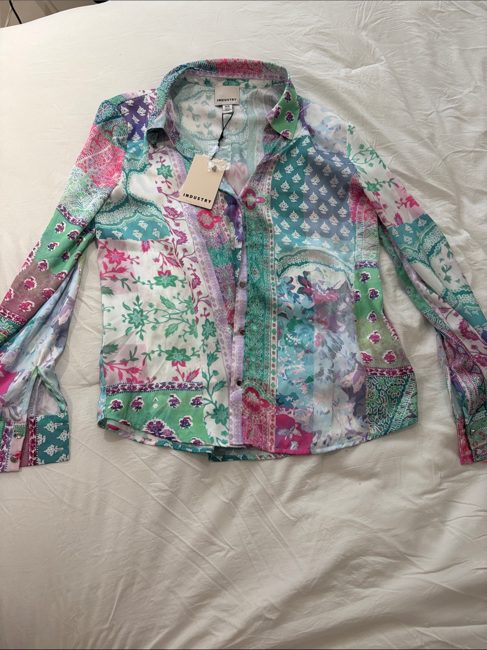 INDUSTRY Floral Patchwork Button-Down Shirt - Green/Pink/Blue
